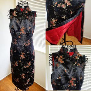 90s Vintage Classic Cheongsam Dress Traditional Black Silk Floral Print M 8P